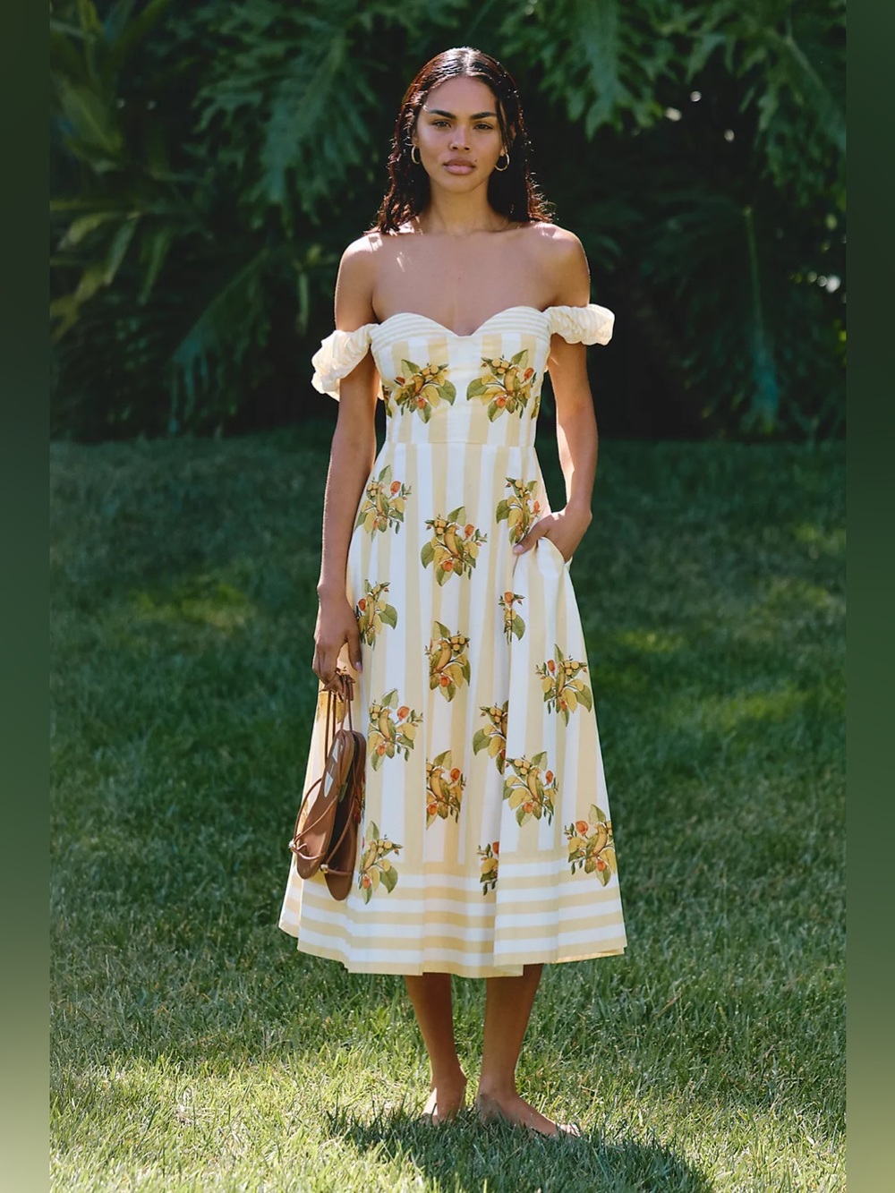NWT Anthropologie Farm Rio Lemon Birds 100% Cotton Off-Shoulder Midi Dress Sz M